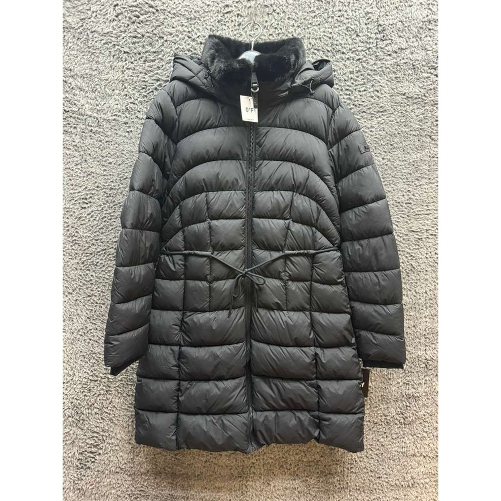 NWT DKNY Rope Belted Faux-Fur-Trim Hooded Down Puffer Coat Black Womens Size L